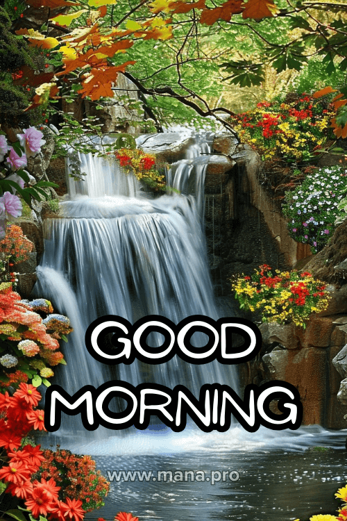 Good Morning Images With Waterfall And Flowers