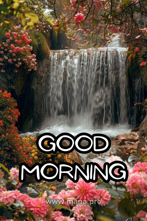 Good Morning Images With Waterfall And Flowers