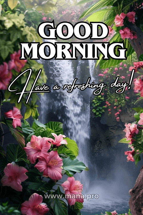 Good Morning Images With Waterfall And Flowers